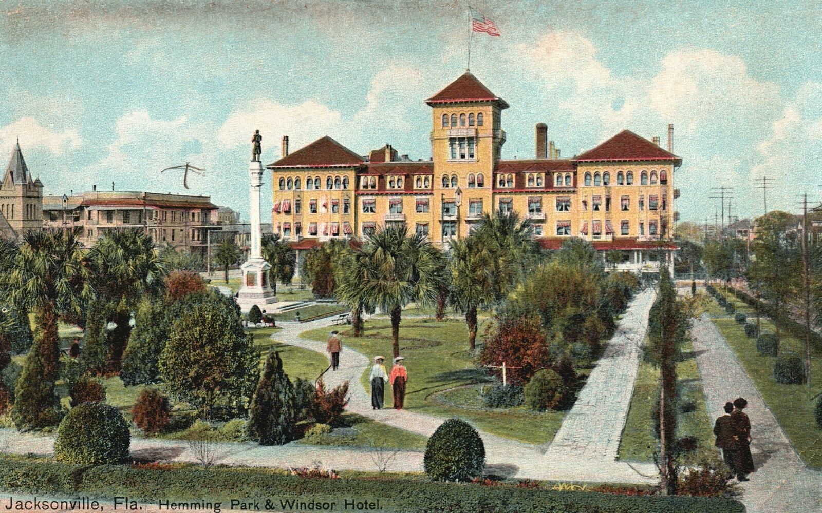 Vintage Postcard 1910's Hemming Park Windsor Hotel Building Jacksonville Florida