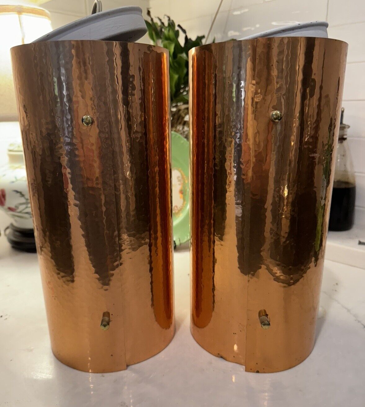 Pair Mid Century Modern Atomic Space Age  Lights Cylinder Copper Pendants Virden