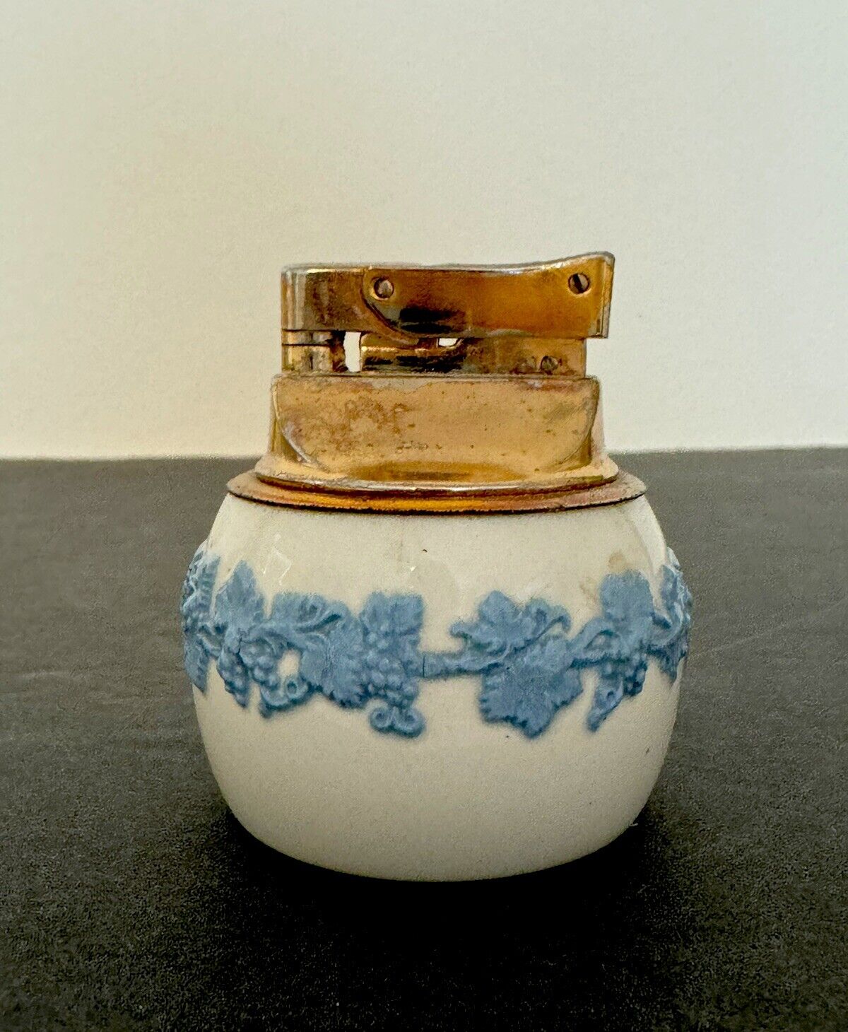 Wedgwood Queensware Table Lighter White Embossed Blue Brass Vintage England