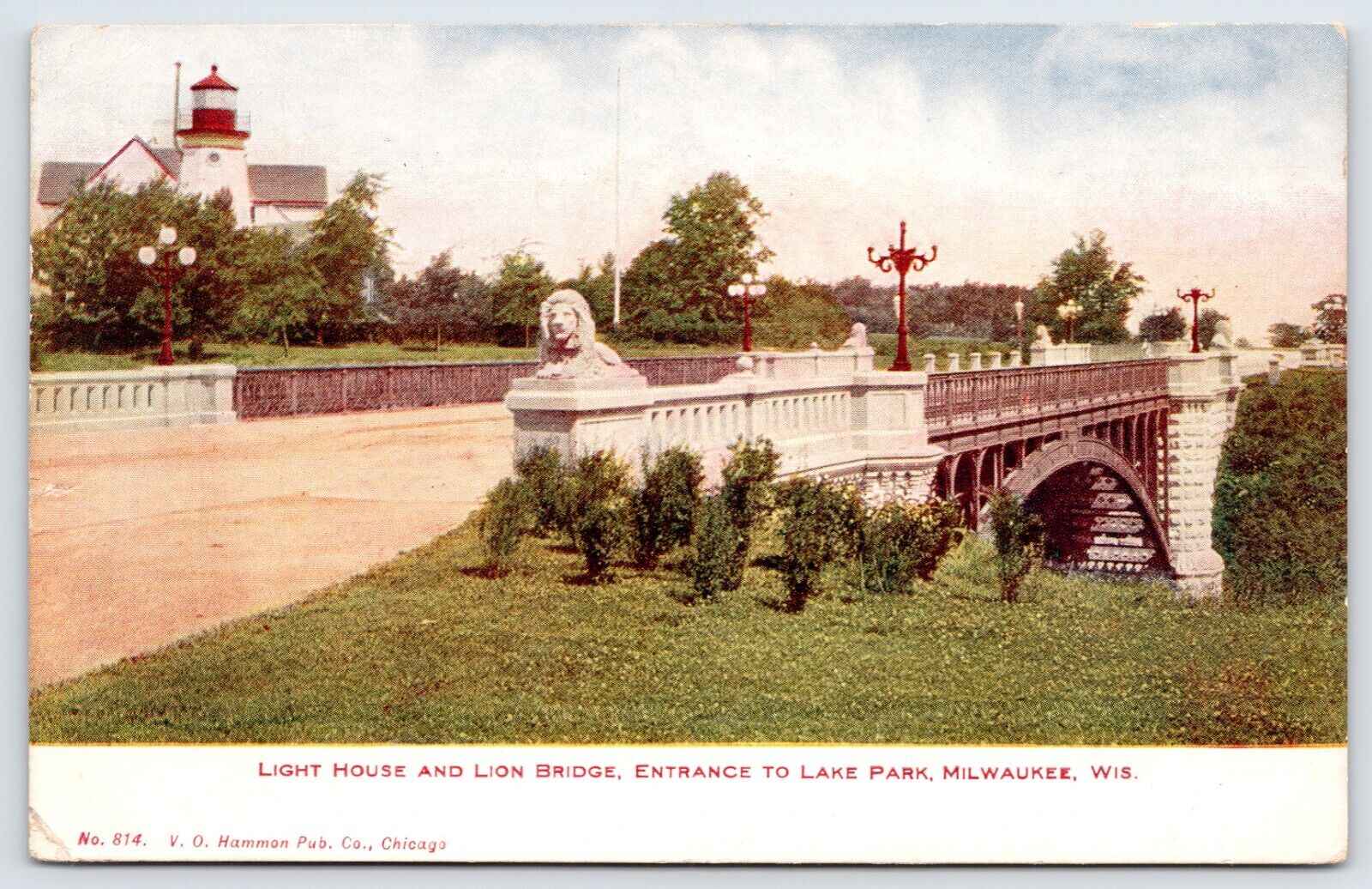 Postcard Light House & Lion Bridge Entrance To Lake Park Milwaukee WI Posted1908