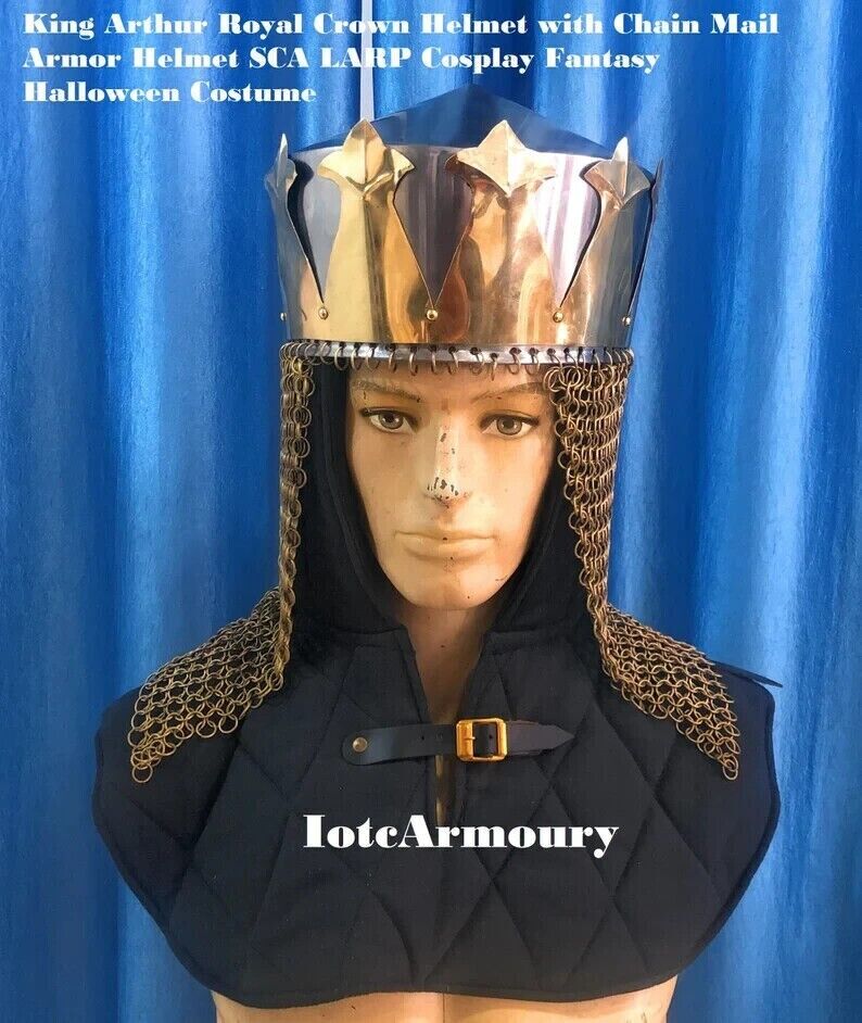 King Arthur Royal Crown Helmet with Chain Mail Armor Helmet SCA LARP Cosplay Fan