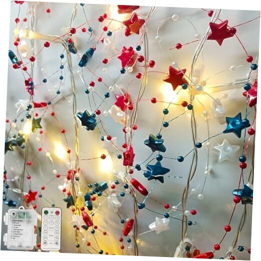 4th of July Decorations 14Ft 40 LED Red White Blue Star Garland with Lights, 