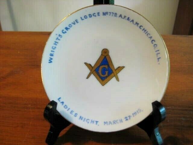 ANTIQUE MASONIC GILDED PLATE WRIGHT\'S GROVE LODGE CHICAGO 1915 6 1/8 \