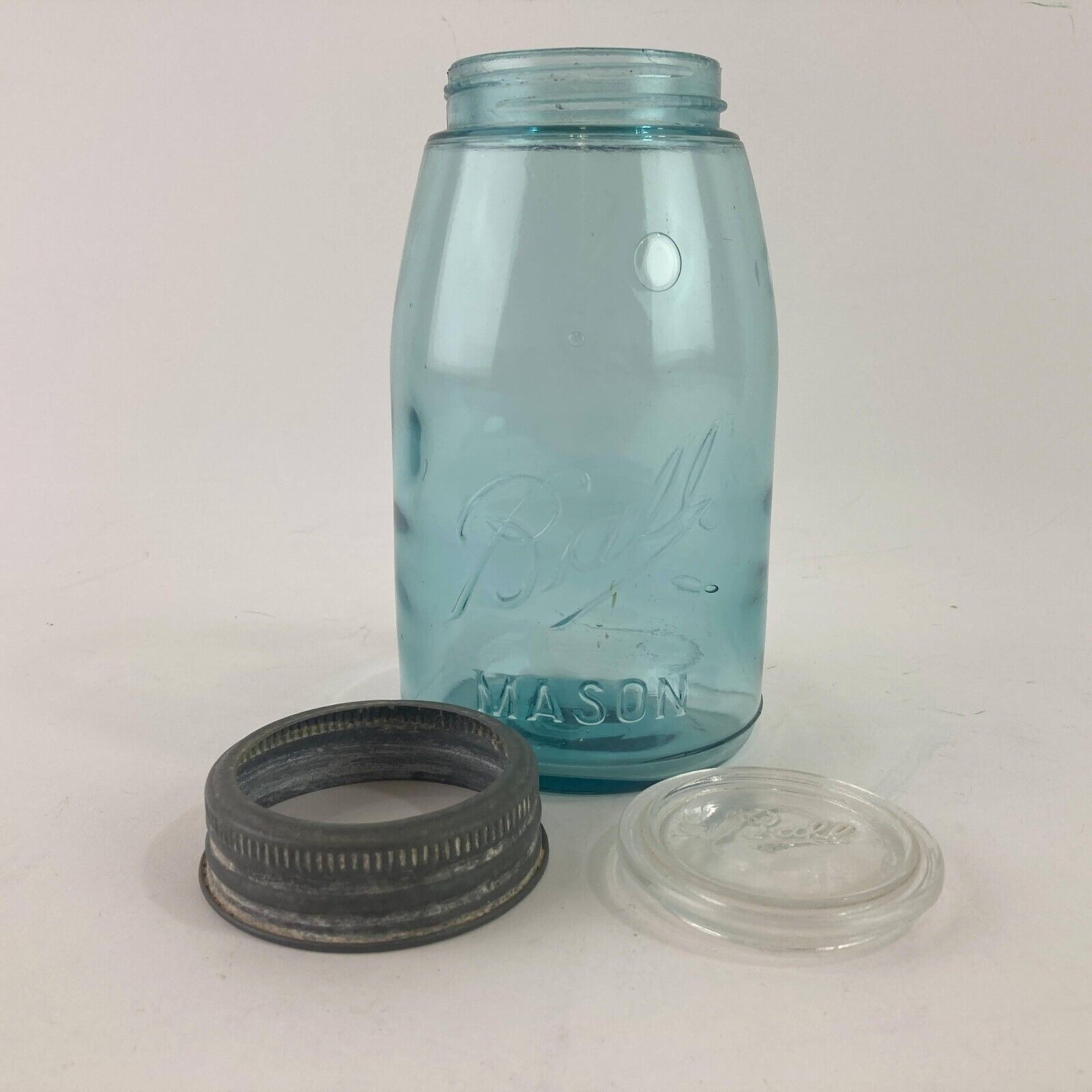 Vintage Blue Glass Ball Mason Jar Quart Sloped Sides Zinc & Glass Lid Dropped A