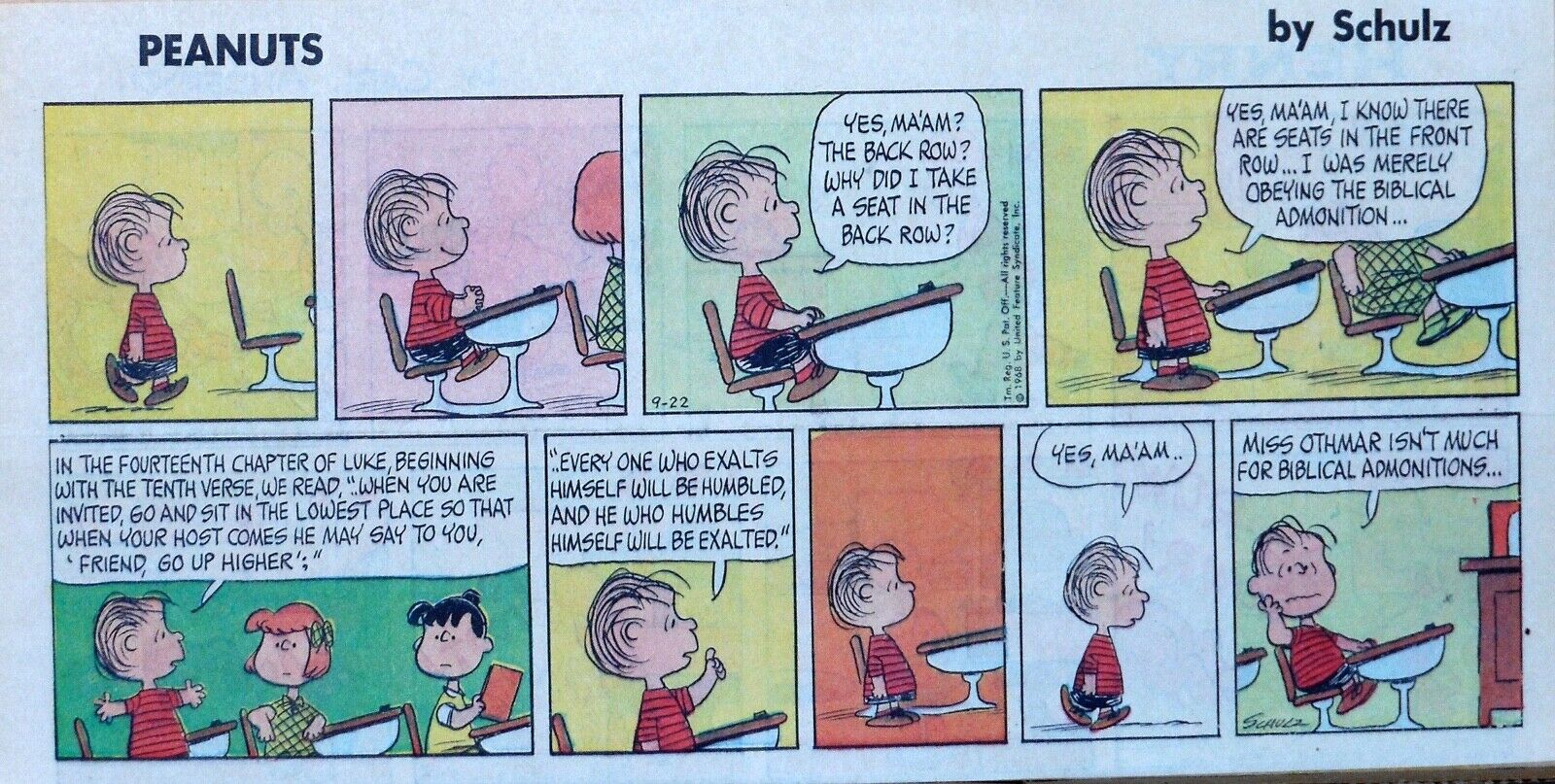Peanuts by Charles Schulz - Linus - color Sunday comic page - September 22, 1968