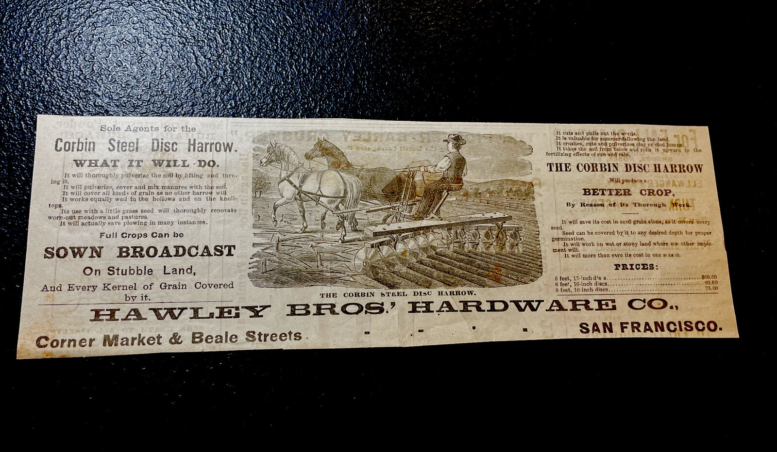 ORIGINAL 1882 Corbin Disc Harrow Farm Advertising - San Francisco - 10”