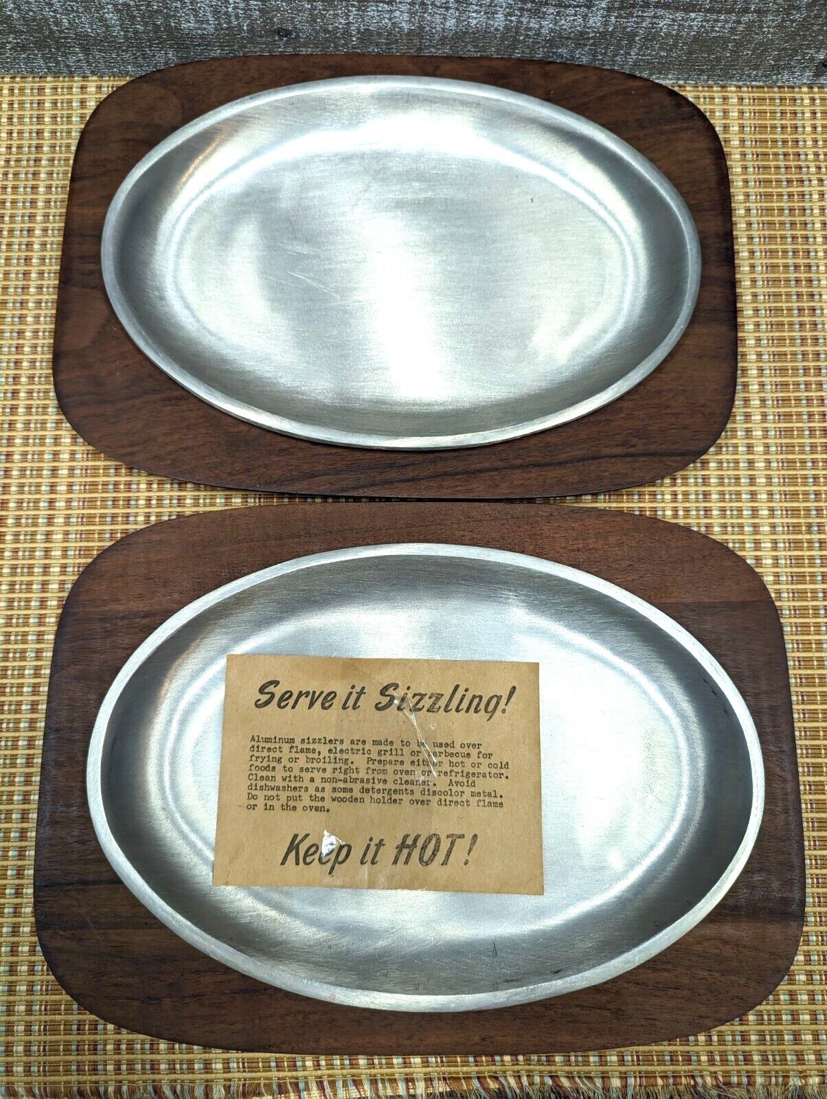 Lot of 2 Gladmark Burbank California Wood / Metal Sizzle Serving Platter USA