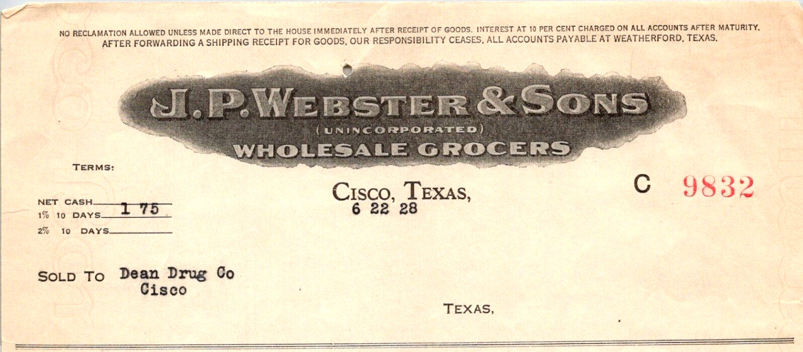 1928 J P Webster Wholesale Grocers TO Dean Drug Co Billhead CISCO TEXAS  K338