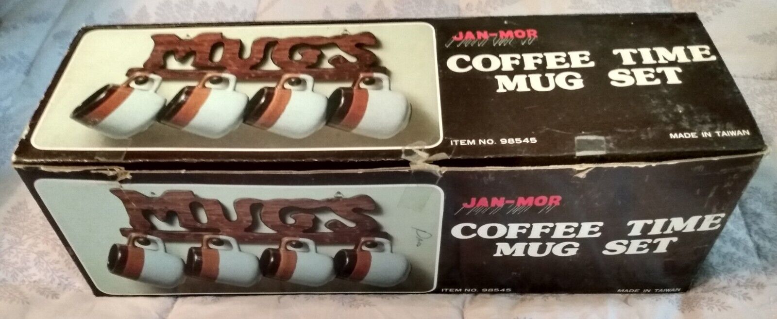 Vintage Jan-Mor Coffee Time Mug Set Wood MUGS Hanger 4 Cups Hardware New in Box