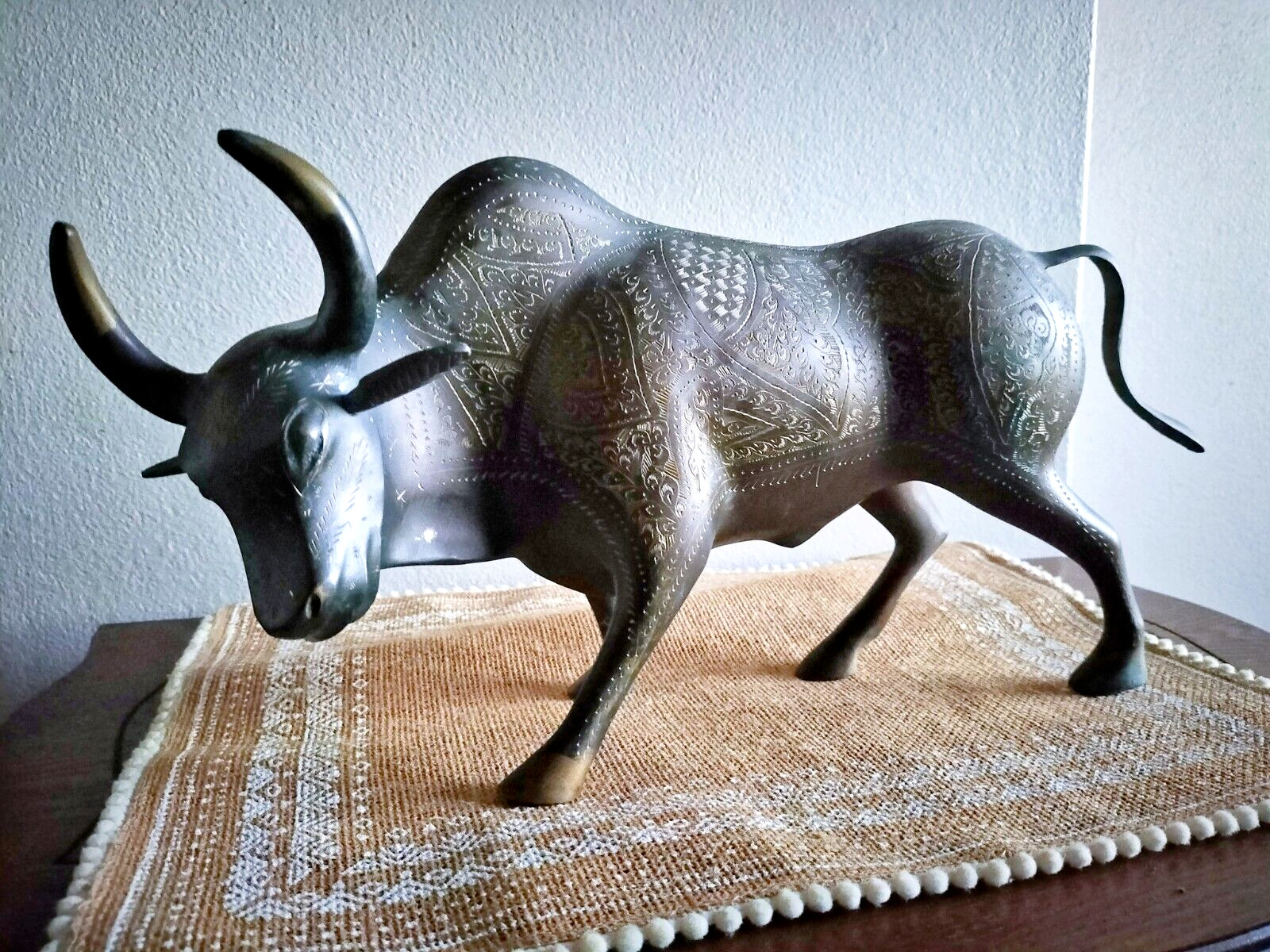 Vintage Etched Solid Heavy Bronze Bull Statue