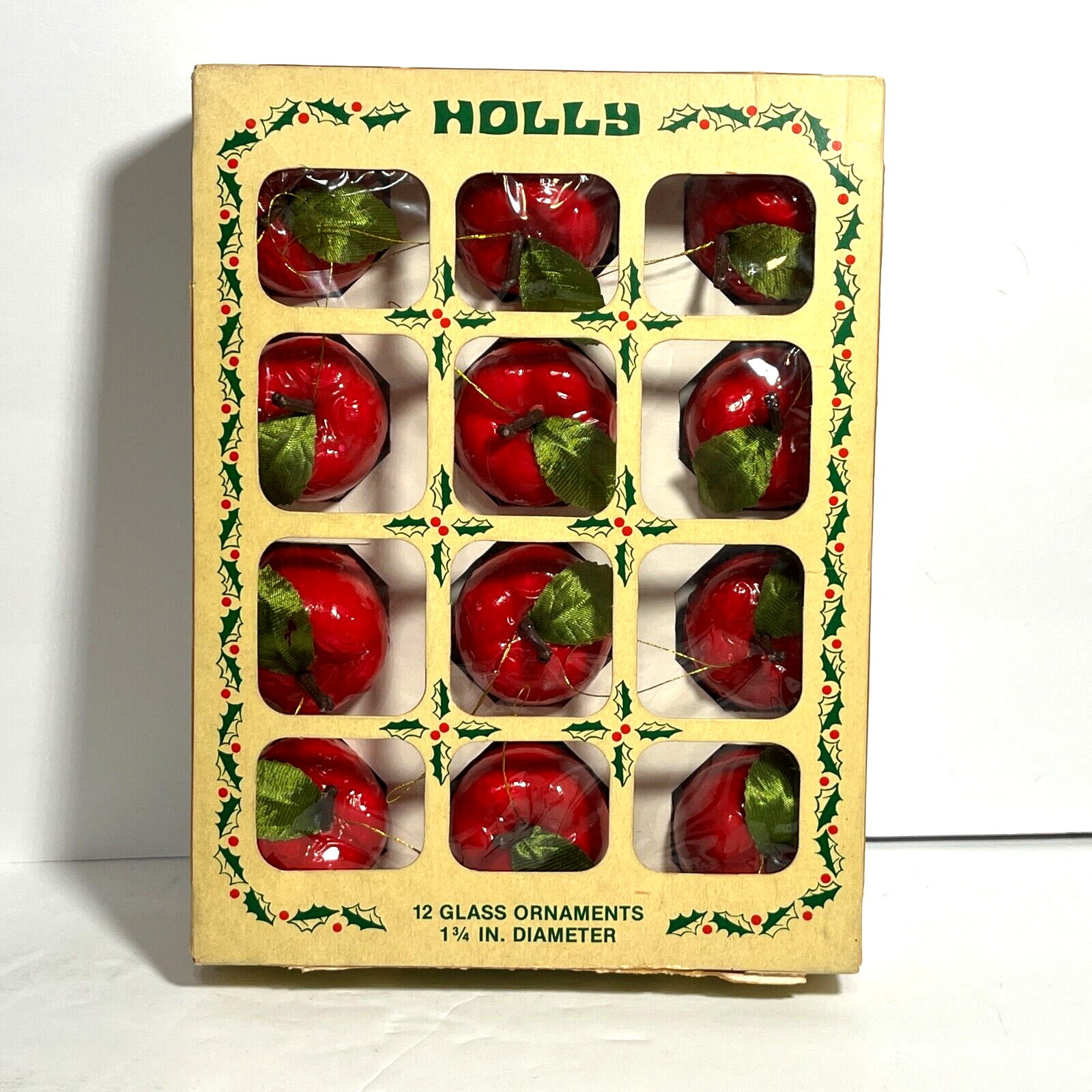 Vintage Holly Glass Apple Christmas Ornaments Box of 12