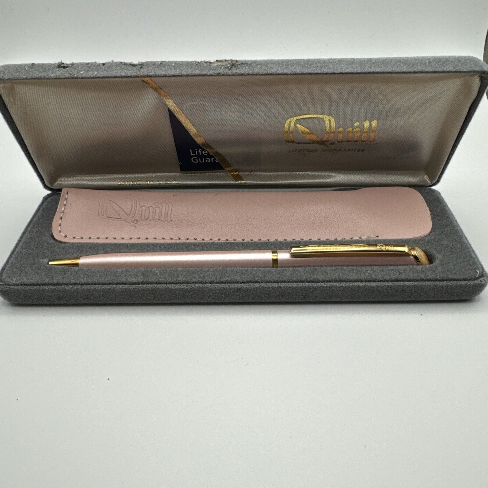 Vintage Quill Ballpoint Pen with Sleeve And Box - Pink And Gold