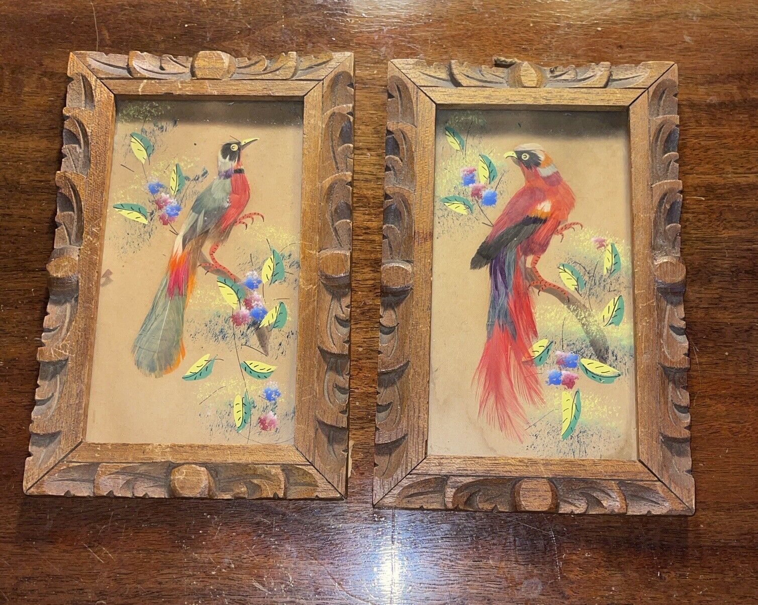 Vintage Mexican Folk Art Feather-craft Bird Feather Pictures Wood Frame 8.5x5.5