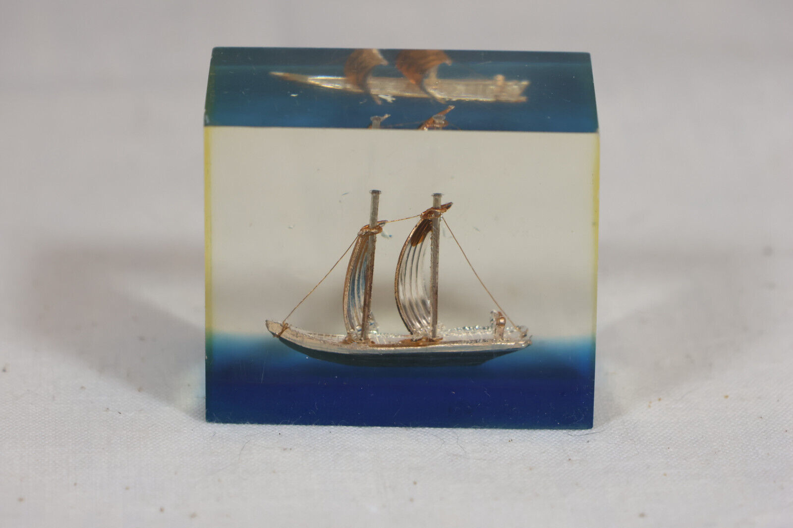 Vintage Miniature Resin Block with sailing ship encased in resin 2 x 1.75 x 1 in