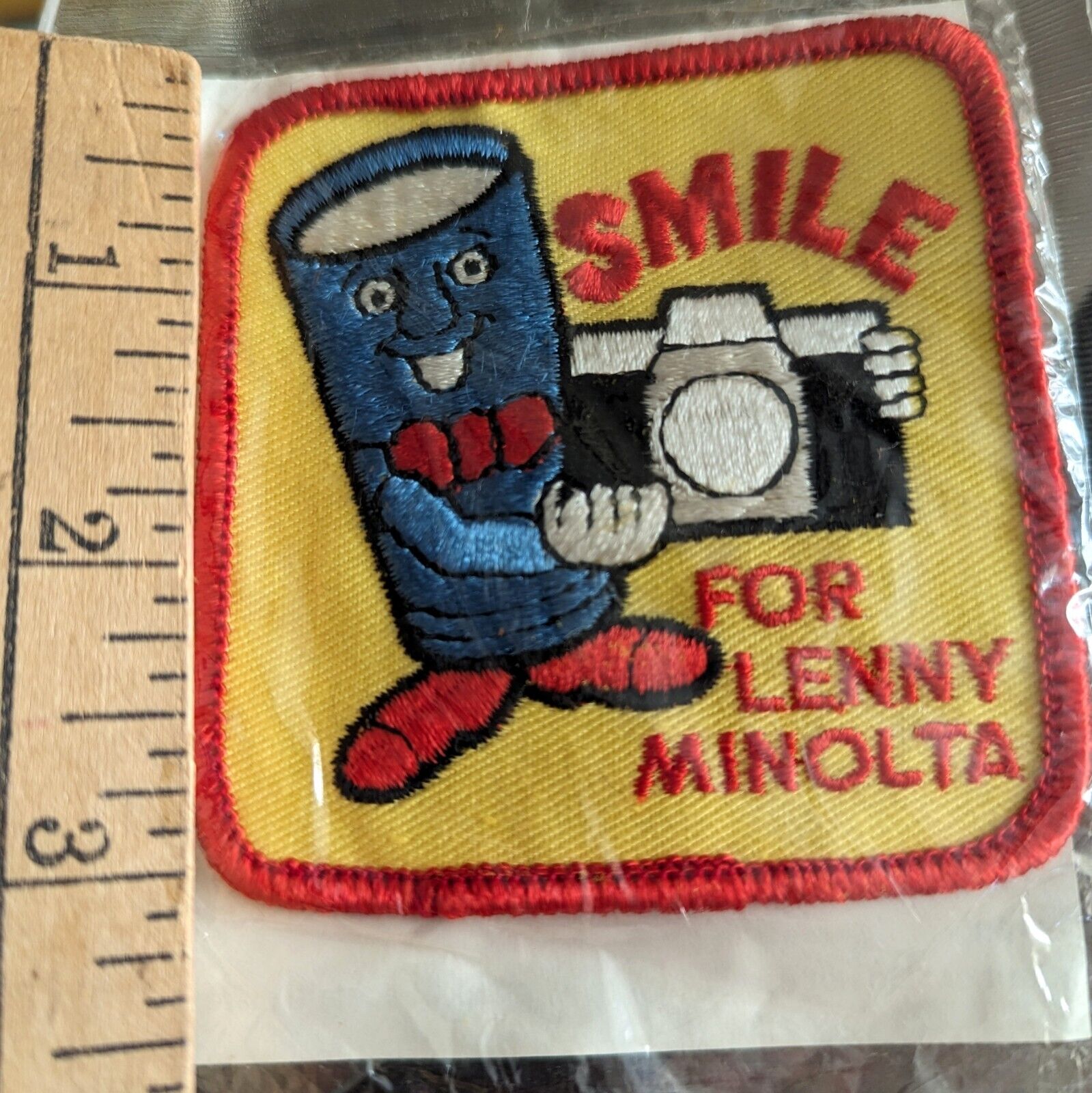Vtg NOS Smile For Lenny Minolta iron on Patch Photography Equipment Gear Art 80s