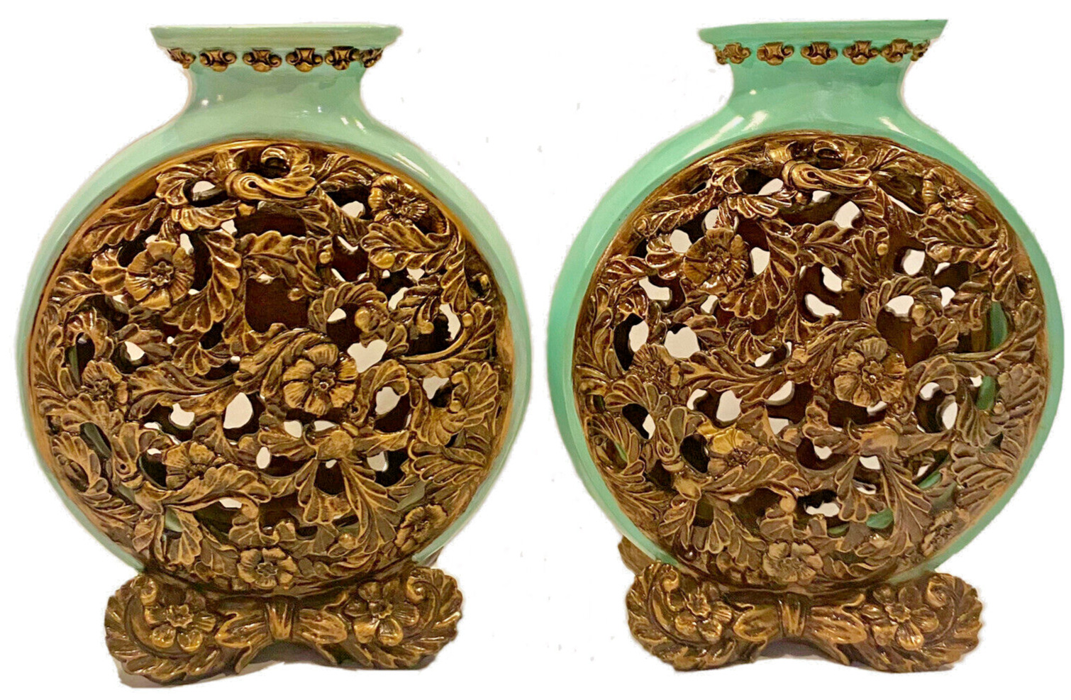 Chrisdon Mid Century Hollywood Regency Aqua & Gold Composite Reticulated Vases