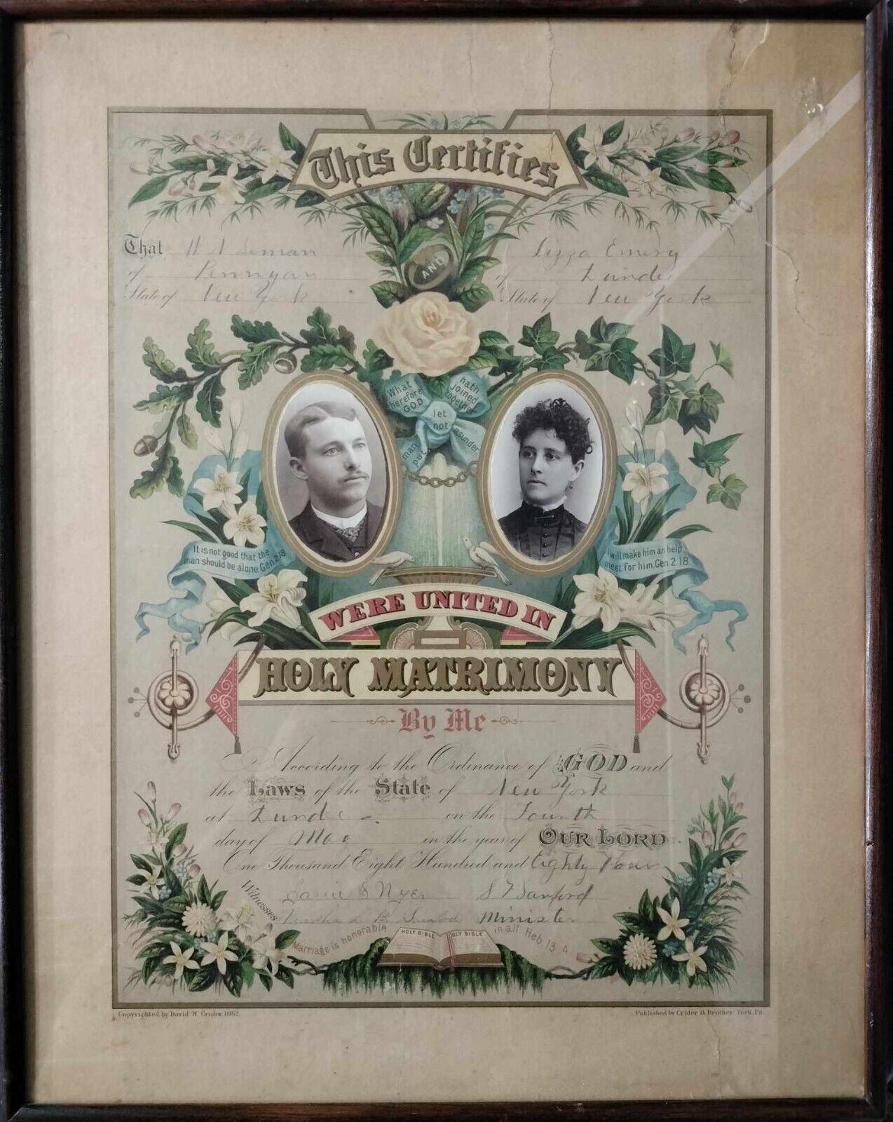 Old Vintage 1884 New York Large Size Marriage Certificate Framed 19.75