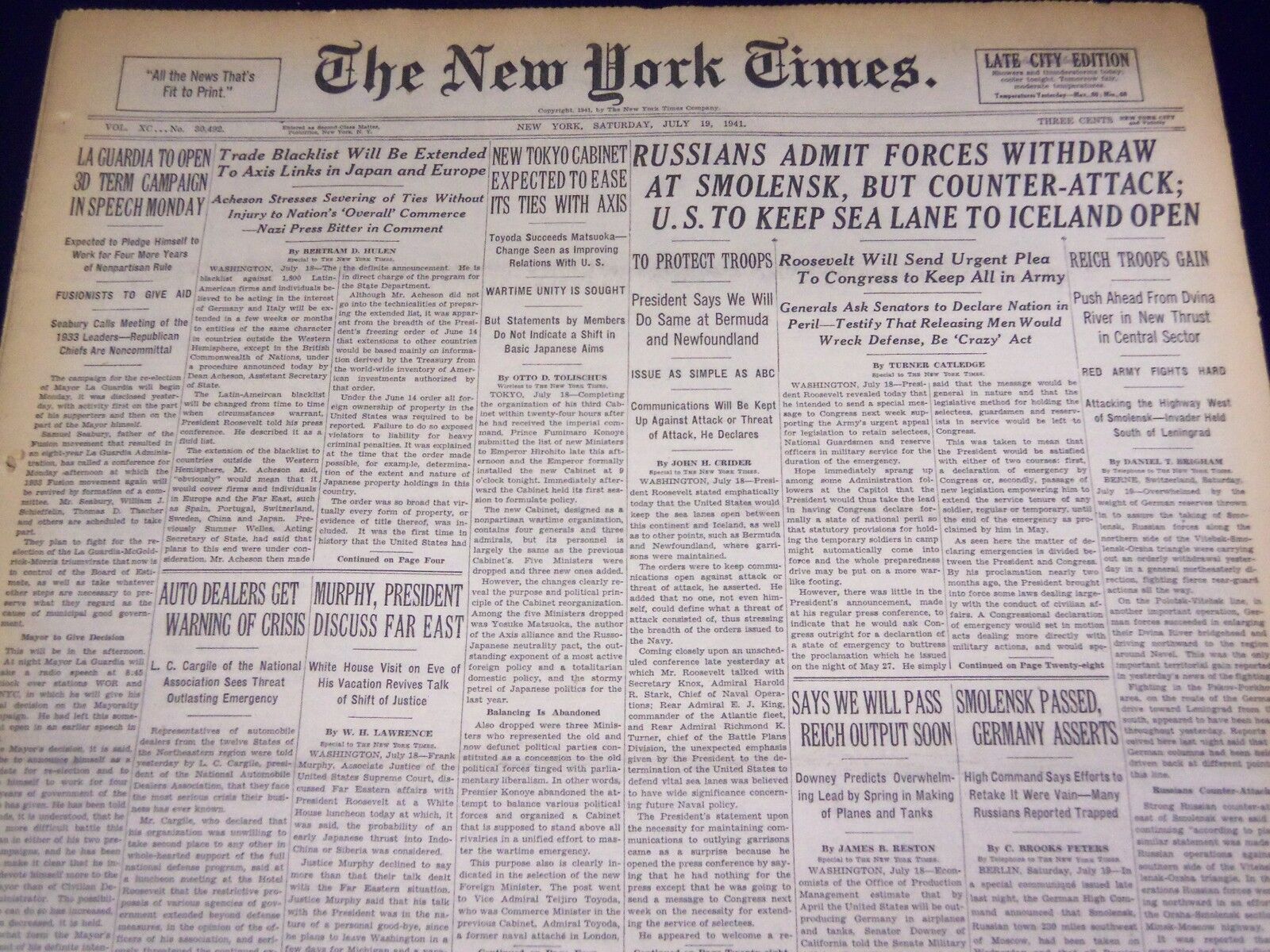 1941 JUL 19 NEW YORK TIMES -REICH TROOPS GAIN LA GUARDIA OPENS CAMPAIGN- NT 1363