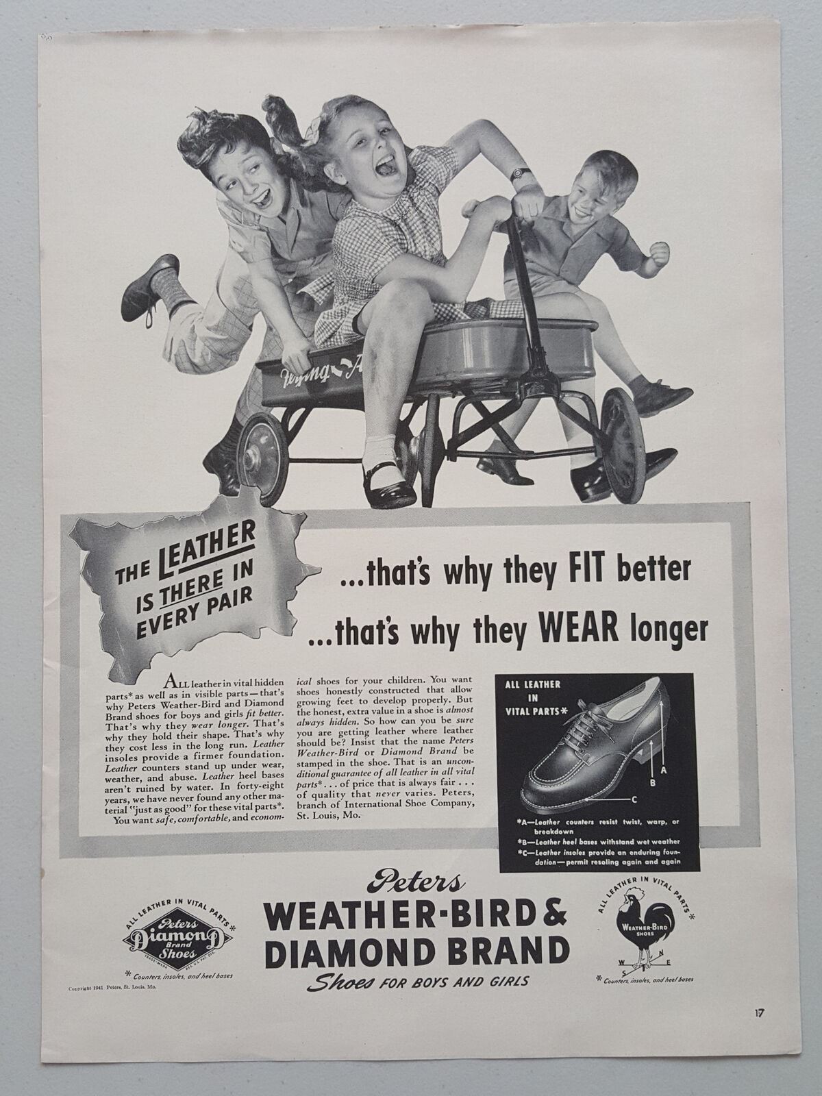 1941 Peters Weather-Bird Diamond Kids Shoes Wagon Boy Girl Vintage Print Ad