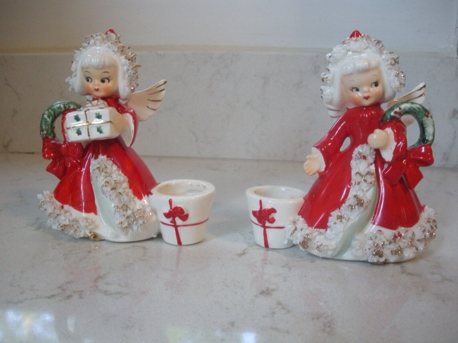 2 vintage Napco angel girl spaghetti present wreath candle holders 1959 LOVELY