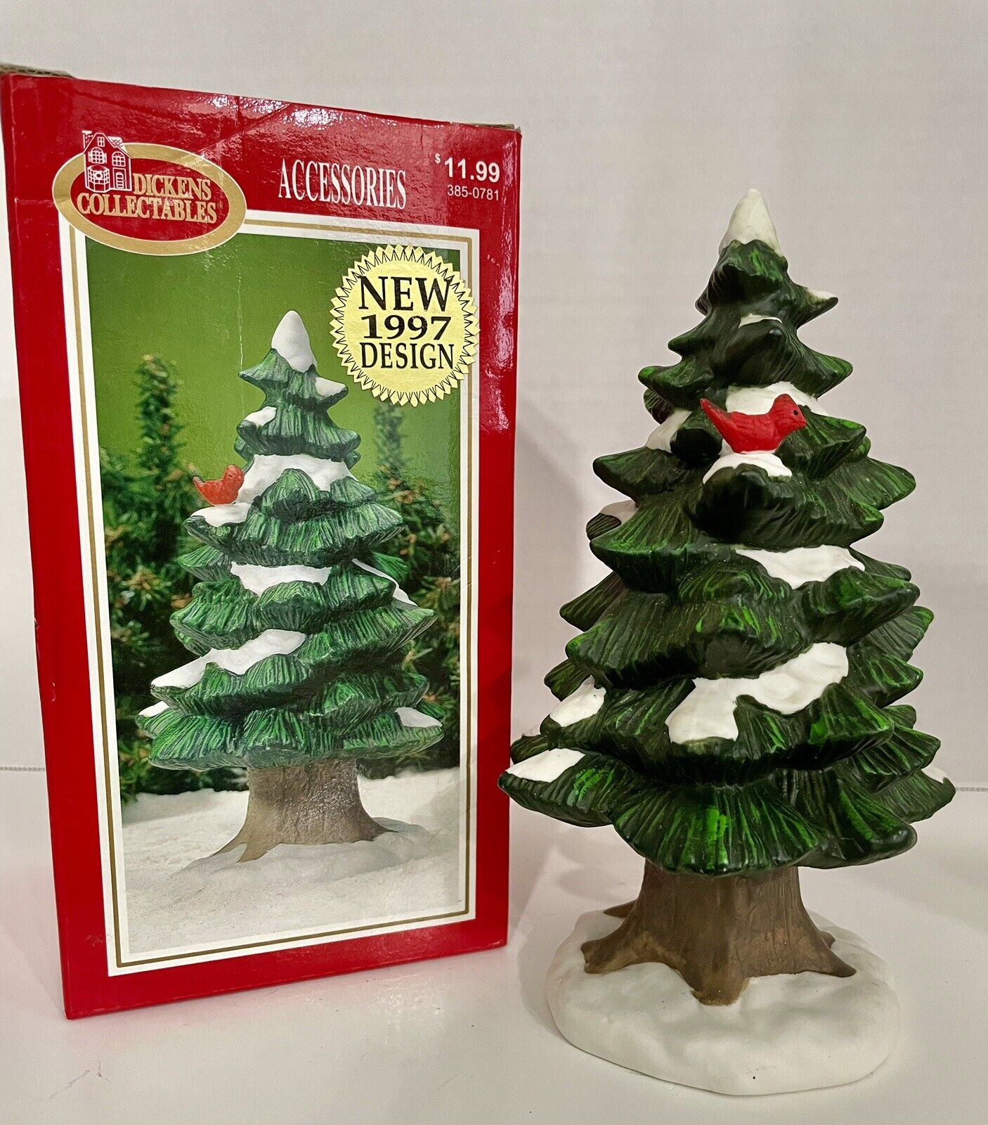 Dickens Collectibles Accessory Pine Tree W/ Cardinal Christmas Village ~Boxed