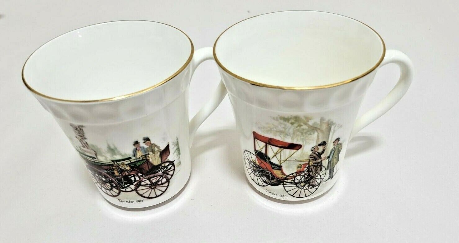 2 Vintage Coffee Mugs Antique Cars Duryea 1893 Daimler 1886 Staffordshire Crown