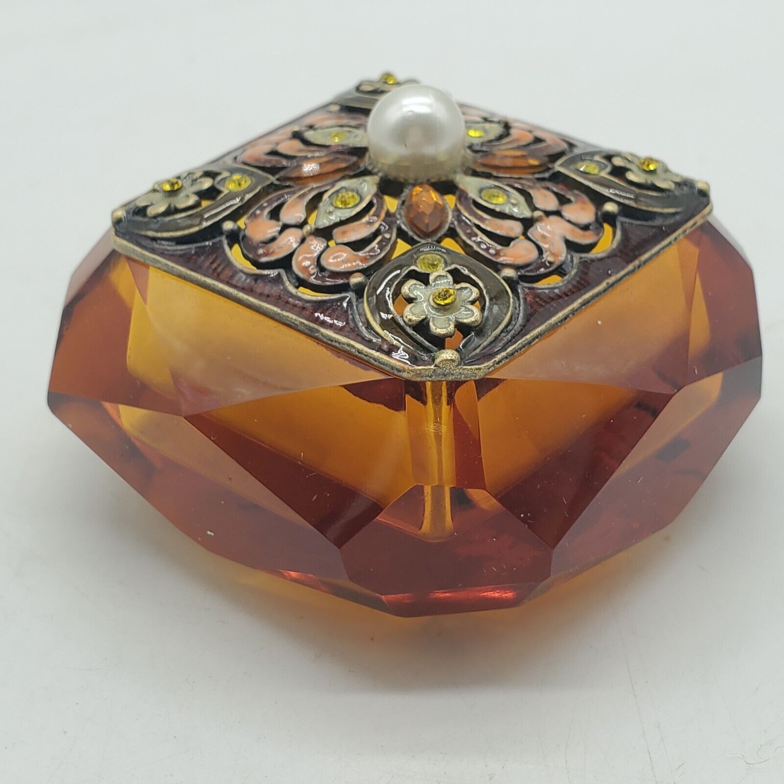 Mini Amber Faceted Glass Trinket Box with Metal Lid 2.5\