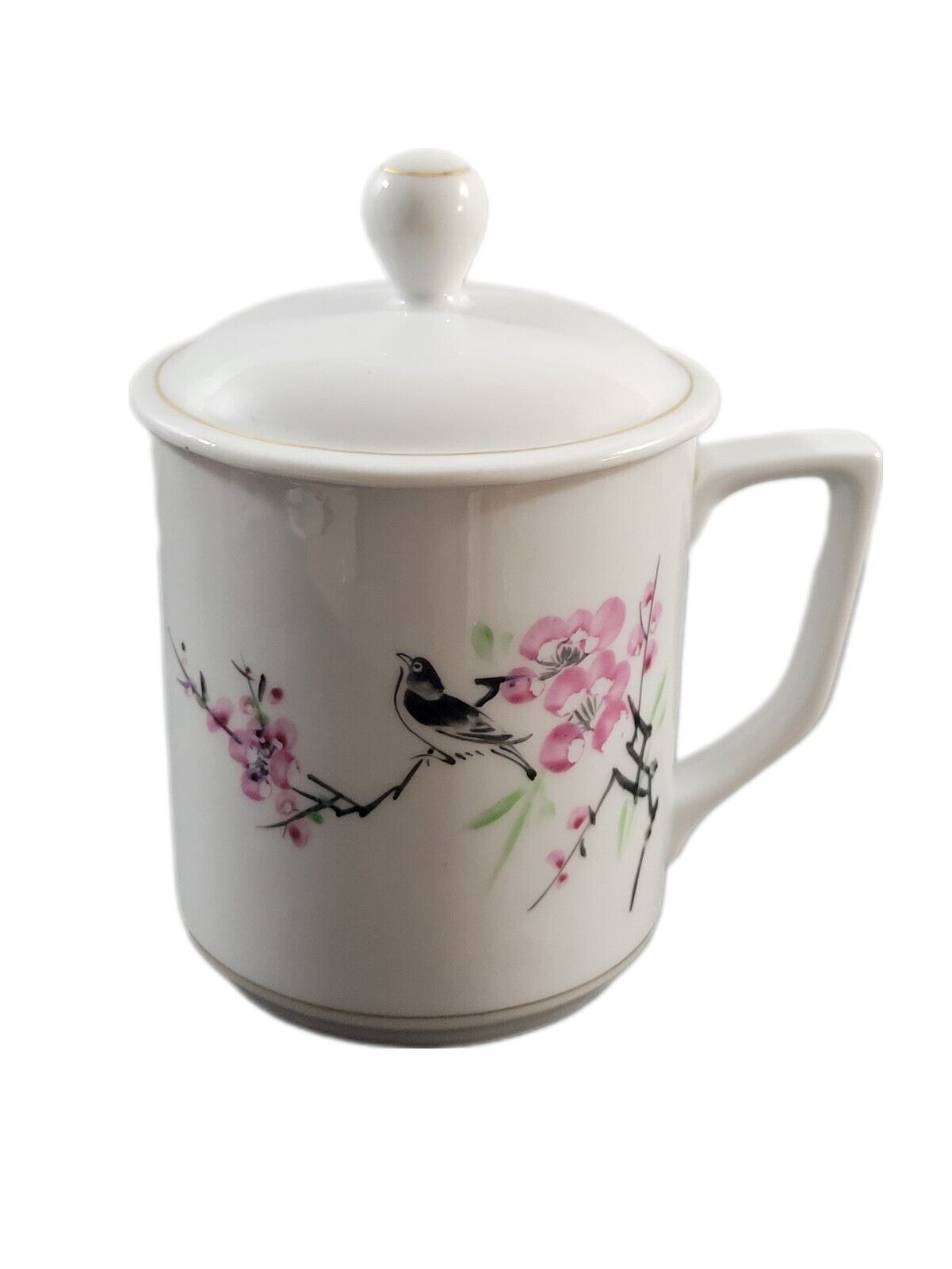 Vintage Oriental Cherry Blossom Coffee Tea Mug w/Lid
