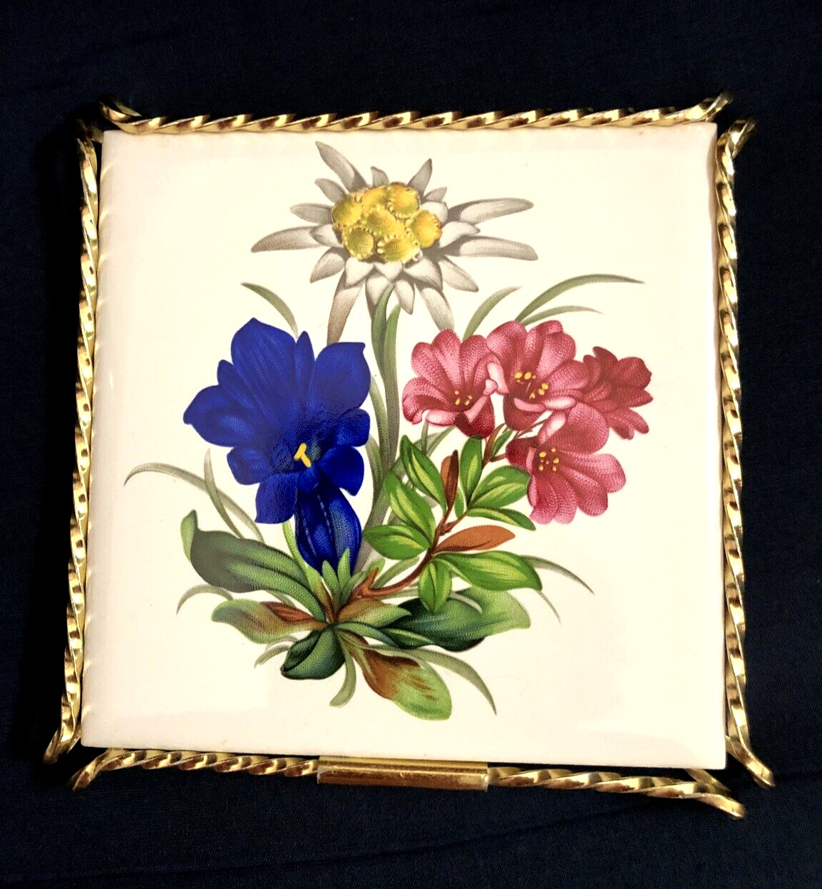Vintage Villeroy Boch Porcelain Floral Tile Trivet w/Metal Frame Made in France