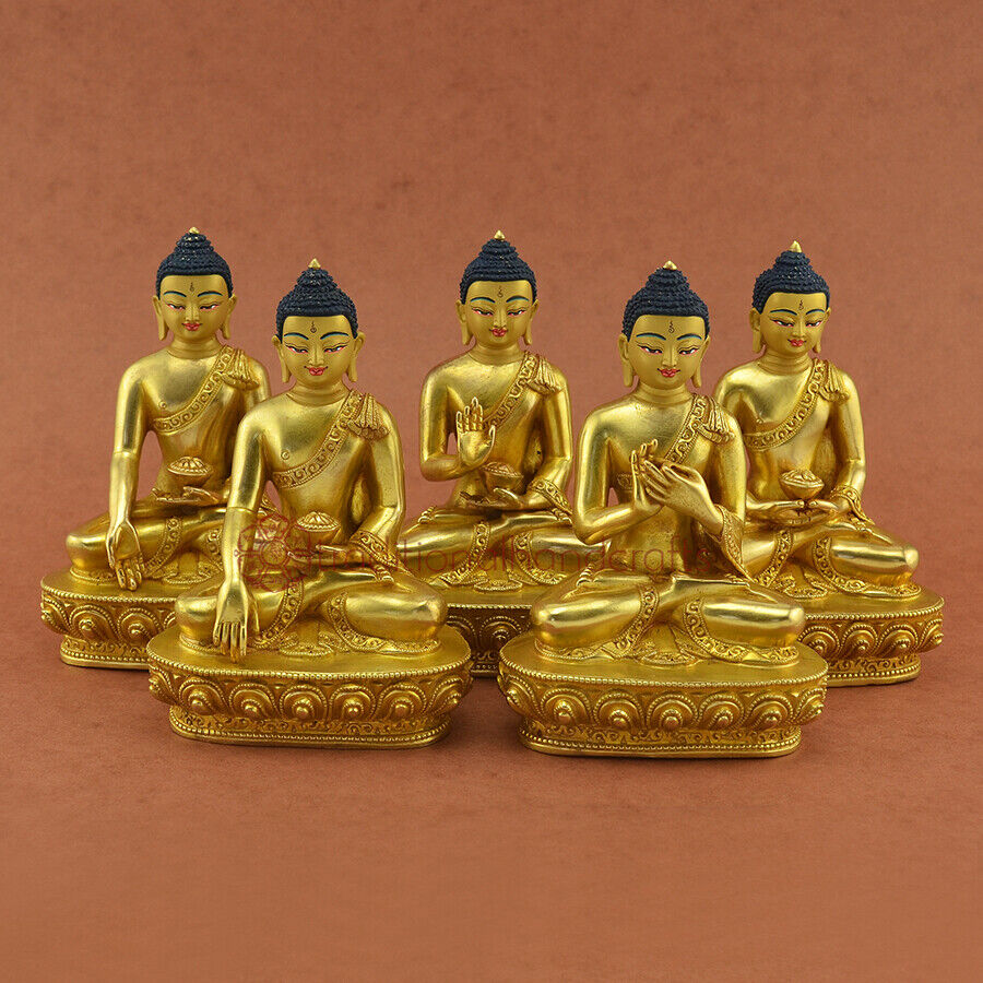  Hand Made Copper Alloy with Gold Gilded Dhyani Buddha or Pancha Buddha Statues 