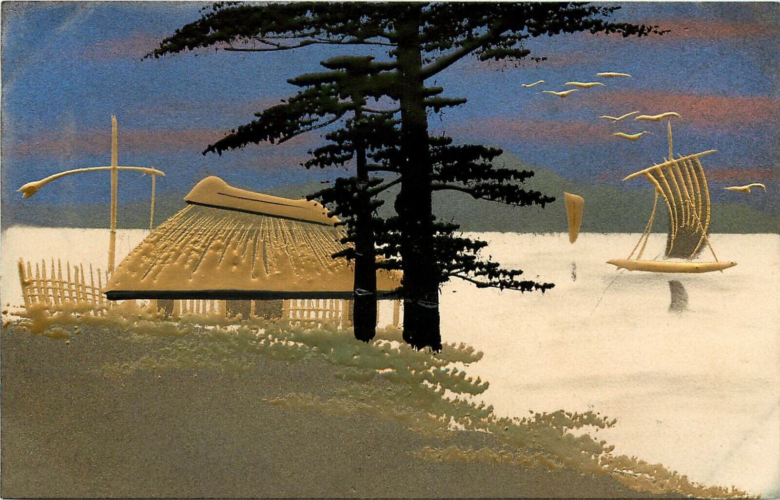 Hand-Painted Japanese Art Postcard; Landscape, Gold Metallic & Metallic Colors