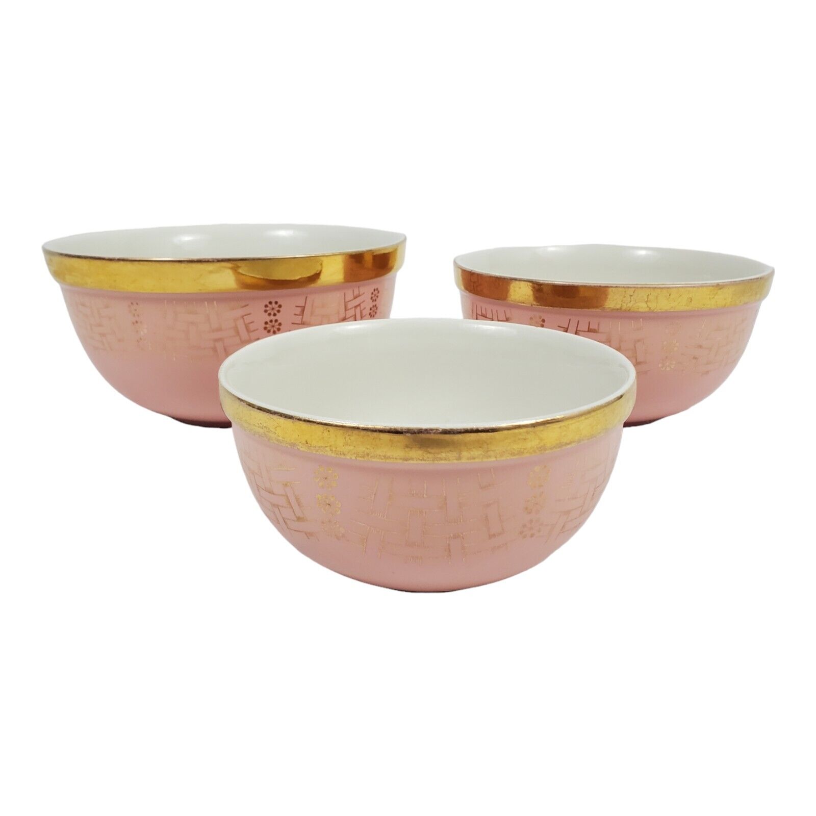 Vintage Hall's Superior Mixing Bowl Set 3 Pc Pink Gold Basketweave Mid-Century