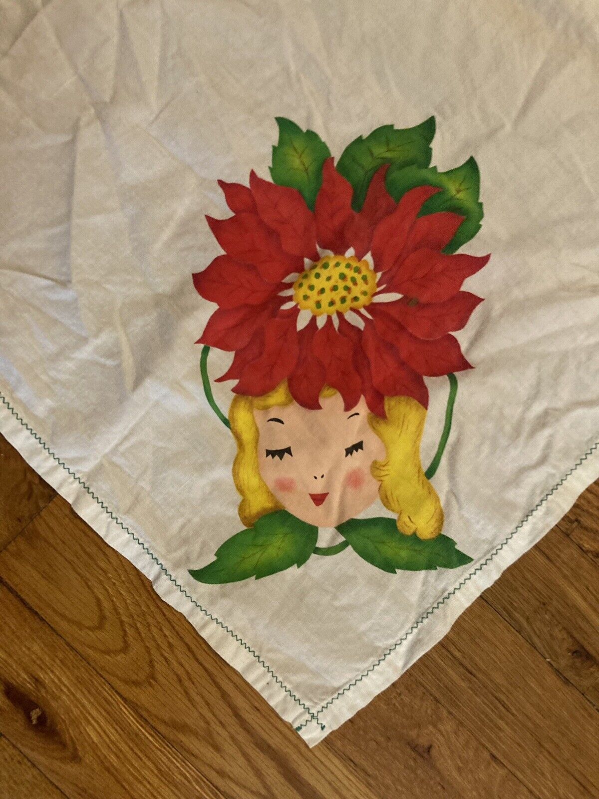 Vintage MCM Printed Tablecloth ~ Girl’s Face With Poinsettia And Leaves 31 x 34”