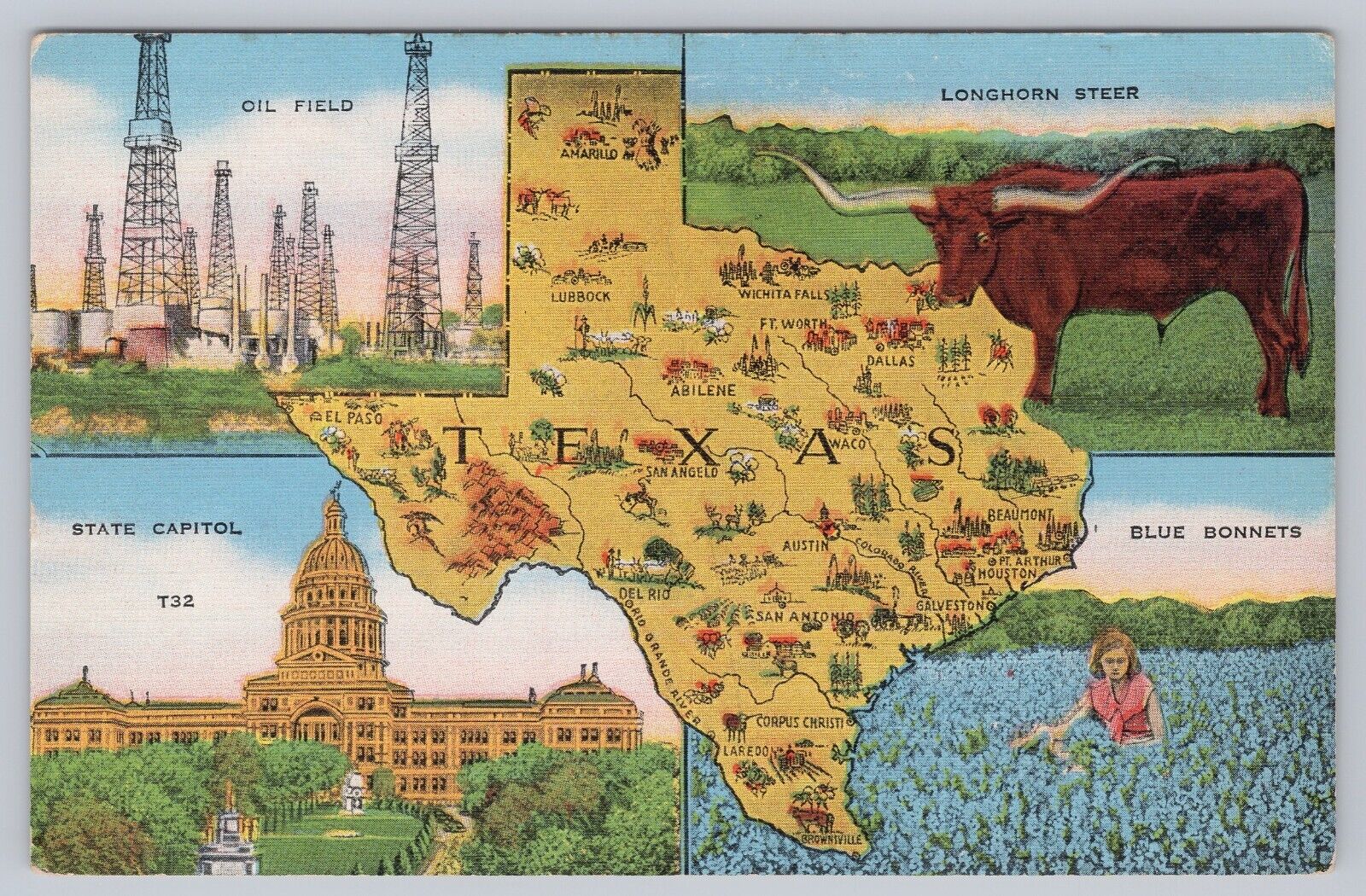 1930s Vtg Texas Linen Postcard Oil Field Longhorn Steer Blue Bonnets Capitol
