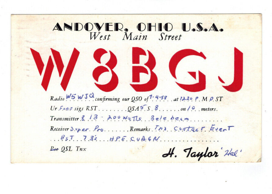 Ham Radio Vintage QSL Card      W8BGJ   1958   Andover, Ohio