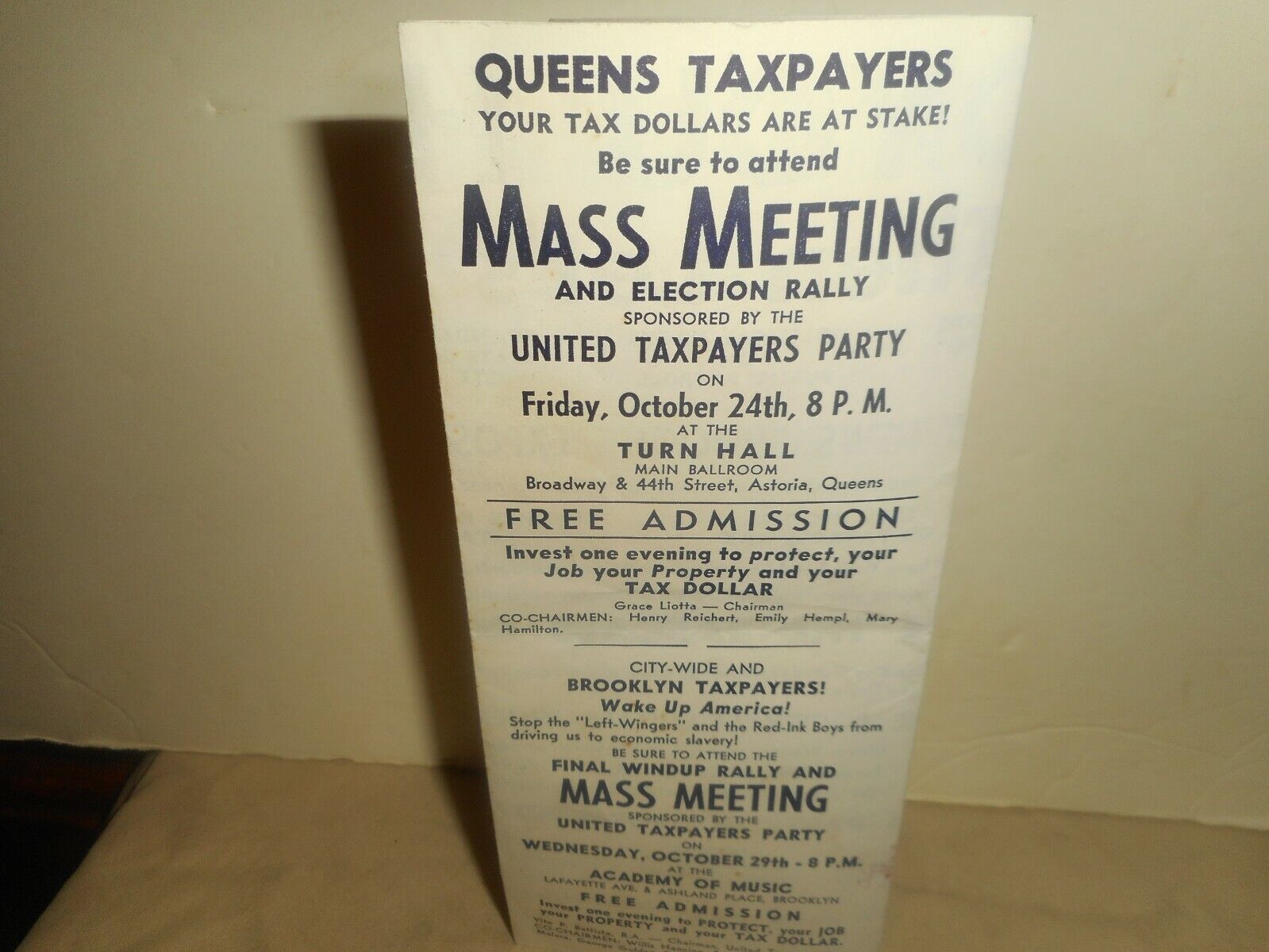 1958 UNITED TAXPAYERS PARTY Brooklyn, Queens NY Election Rally Handbill Pamphlet