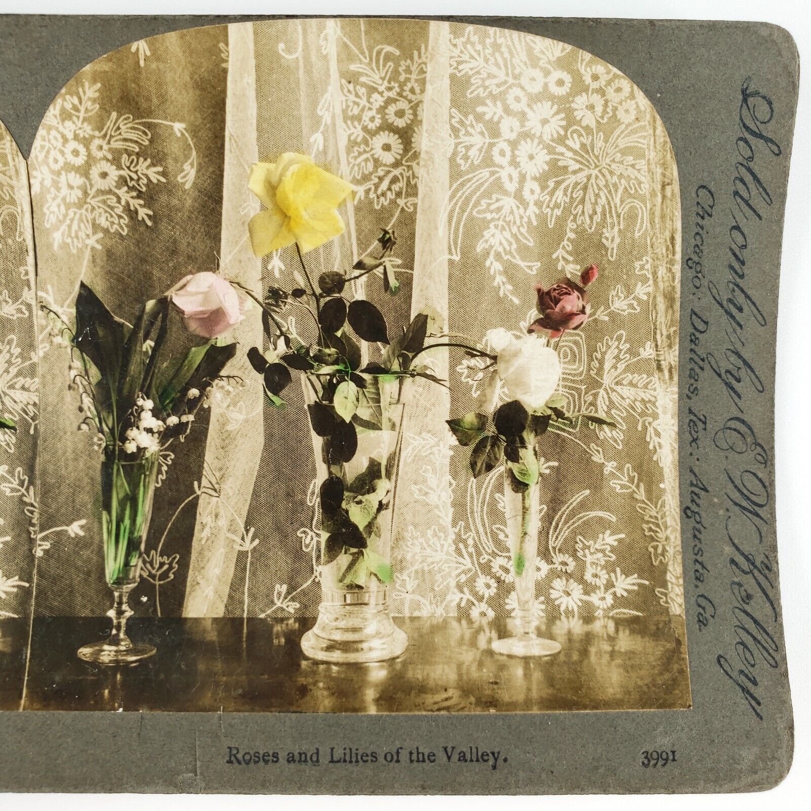 Lily of the Valley Rose Vase Stereoview c1895 Tinted Floral Lace Still Life J189