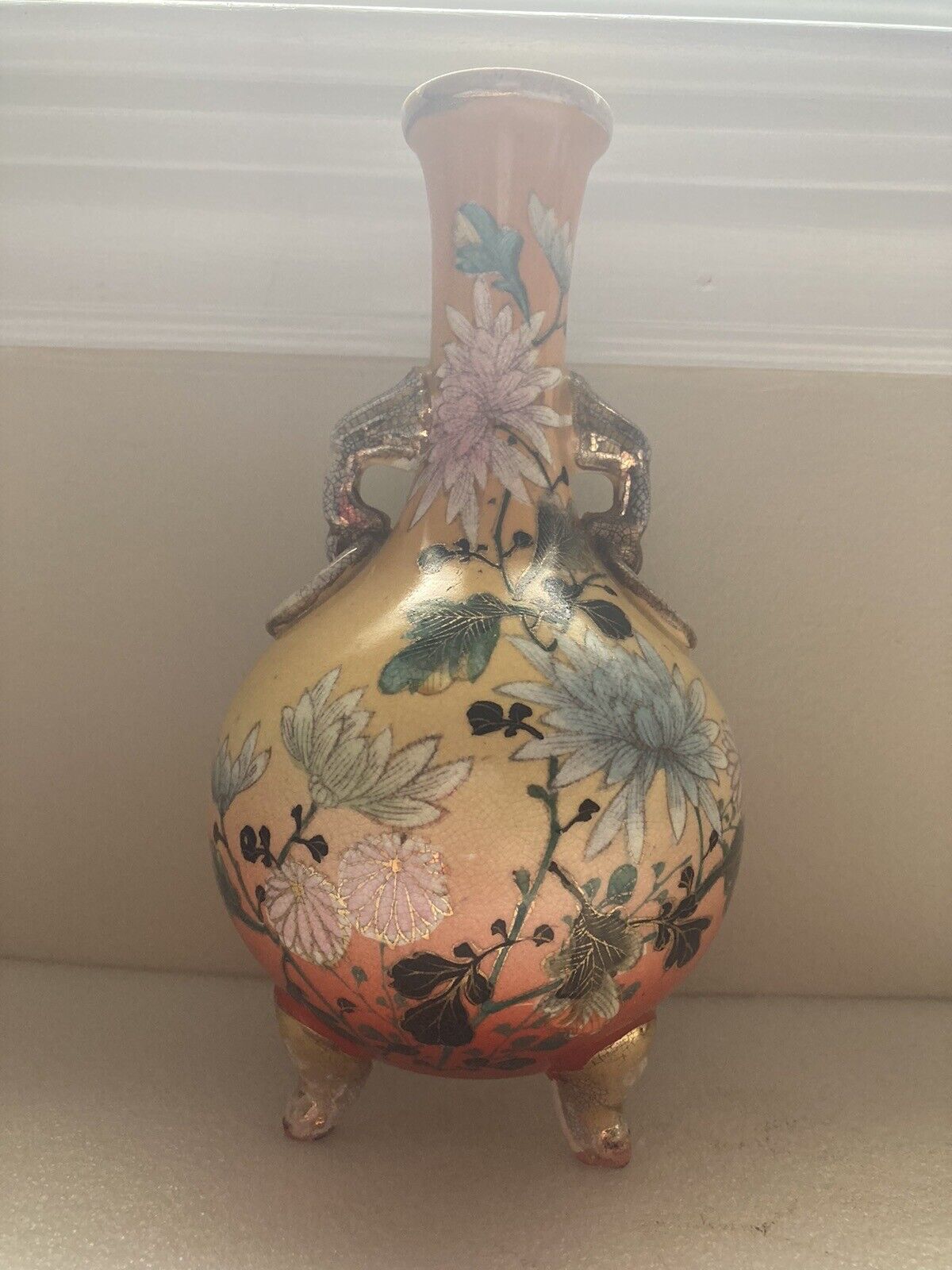 Antique Japan signed tri footed 8 3/4 inch vase with handles