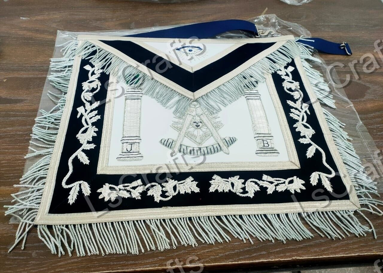 Masonic Past Master Sheep Apron Silver Bullion Embroidered Navy Blue Velvet