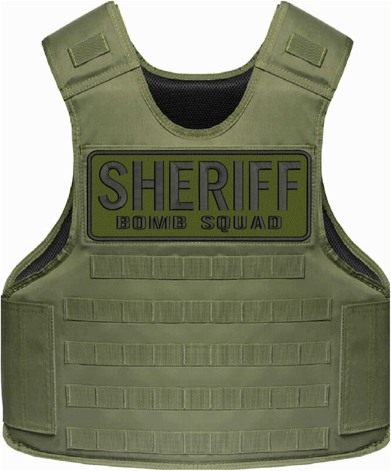 SHERIFF BOMB SQUAD EMBROIDERY PATCH 4X10 3/4 VELCR@ ON BACK BLACK ON  OD GREEN