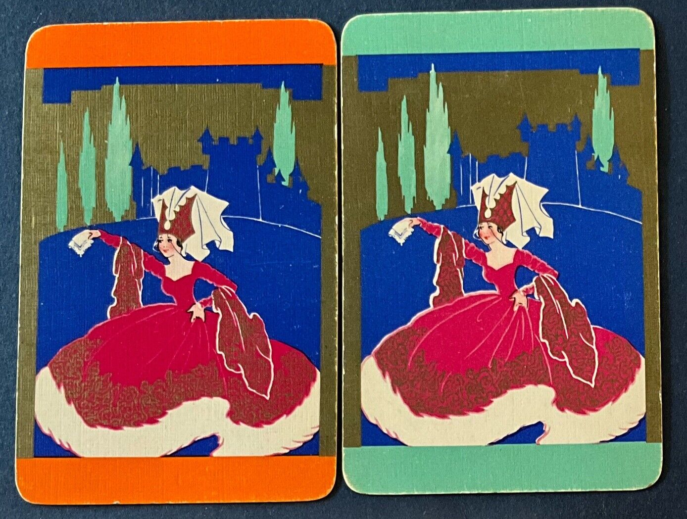 (B2P) Pair of Vintage playing cards of a medieval lady with conical hat