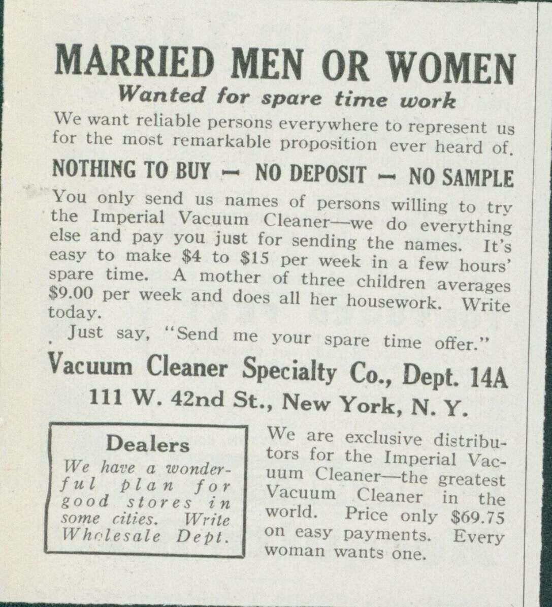 1928 Imperial Vacuum Cleaner Spare Time Work Married Men Women Vtg Print Ad PR1