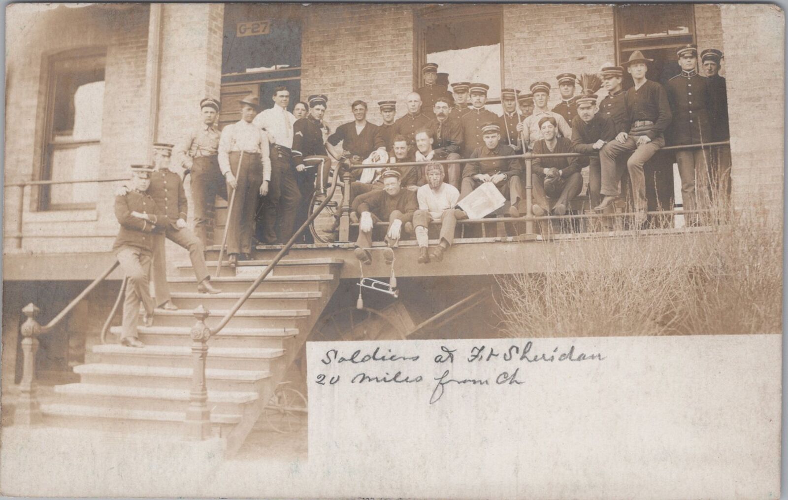 Baseball Players Military Band Fort Sheridan Illinois c1900s RPPC Postcard