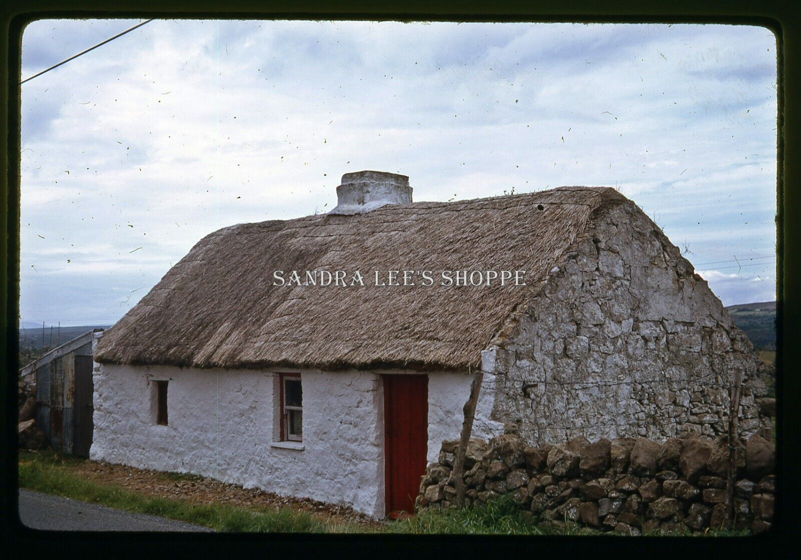 1967 Original Slide Old Thatched Roof Cottage Next To Road Ireland #3588