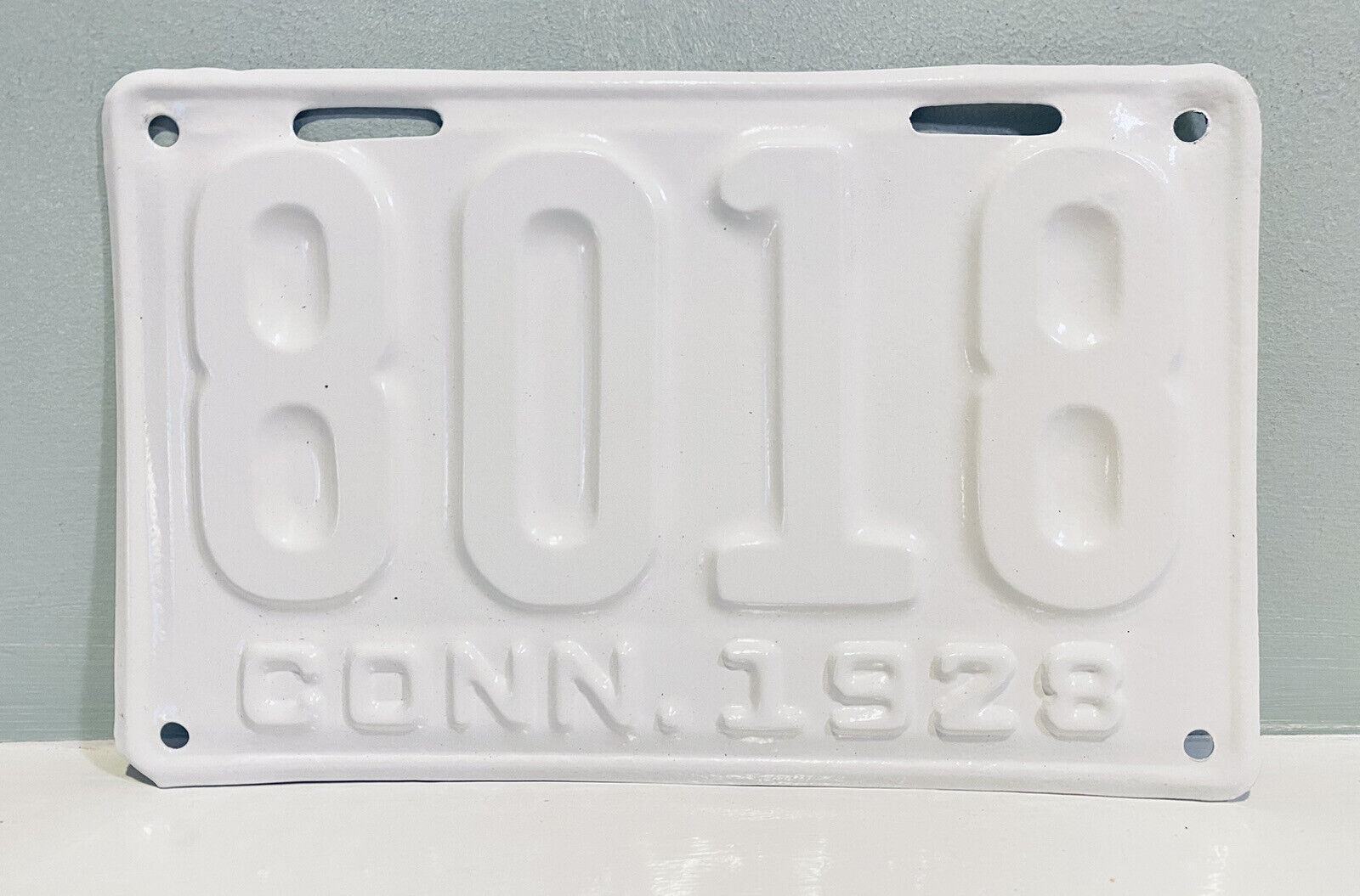 1928 Connecticut License Plate 8018 Garage Decor Ford Dodge Chevy All White NRP