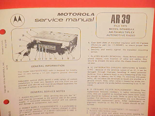1975 MOTOROLA CAR AUTO PUSHBUTTON AM-FM/MULTIPLEX RADIO SERVICE MANUAL 5FM485AX