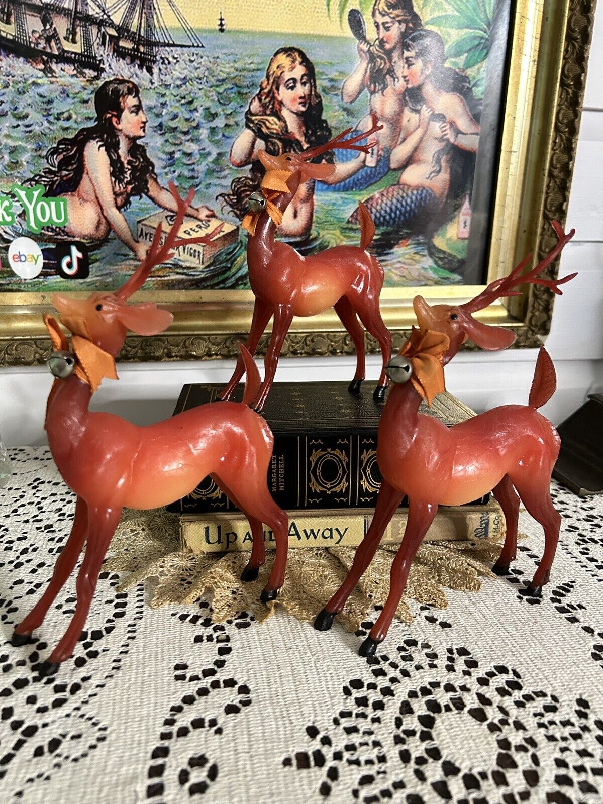 Vintage Celluloid Plastic Reindeer Christmas Mantle Figurines Hong Kong Rare