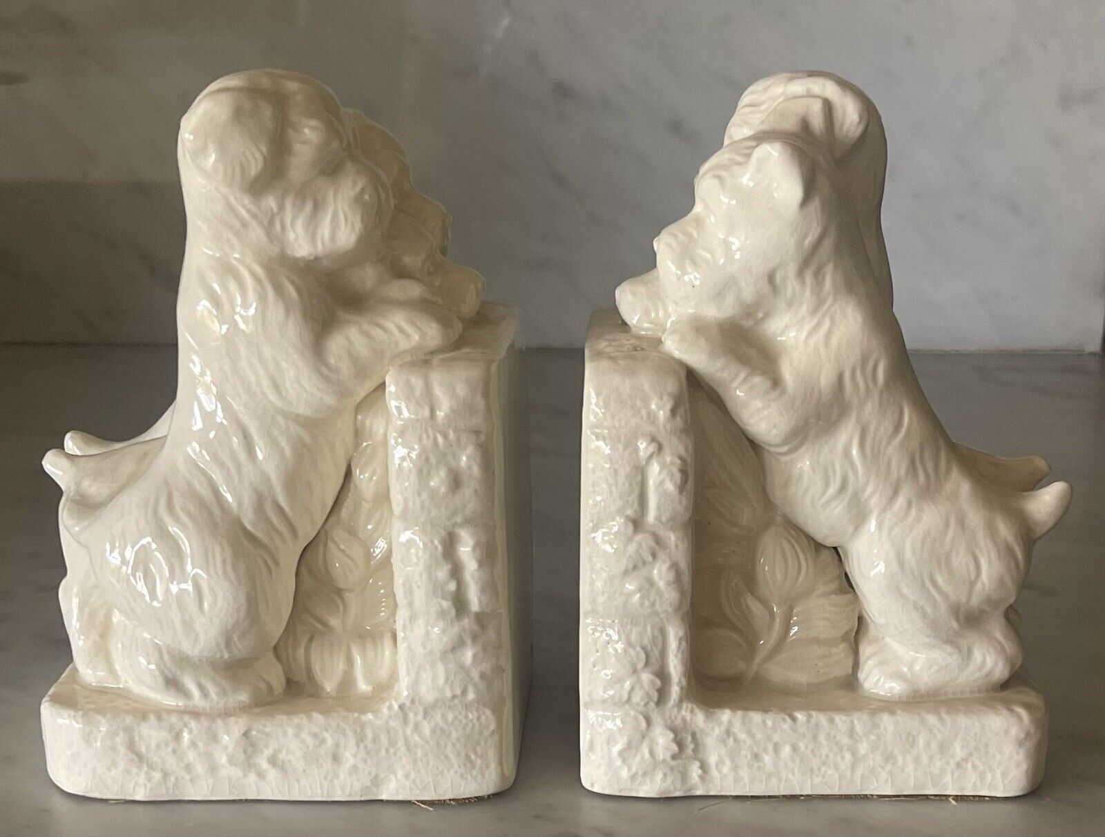 Vintage Precious Ivory Ceramic Puppy Bookends