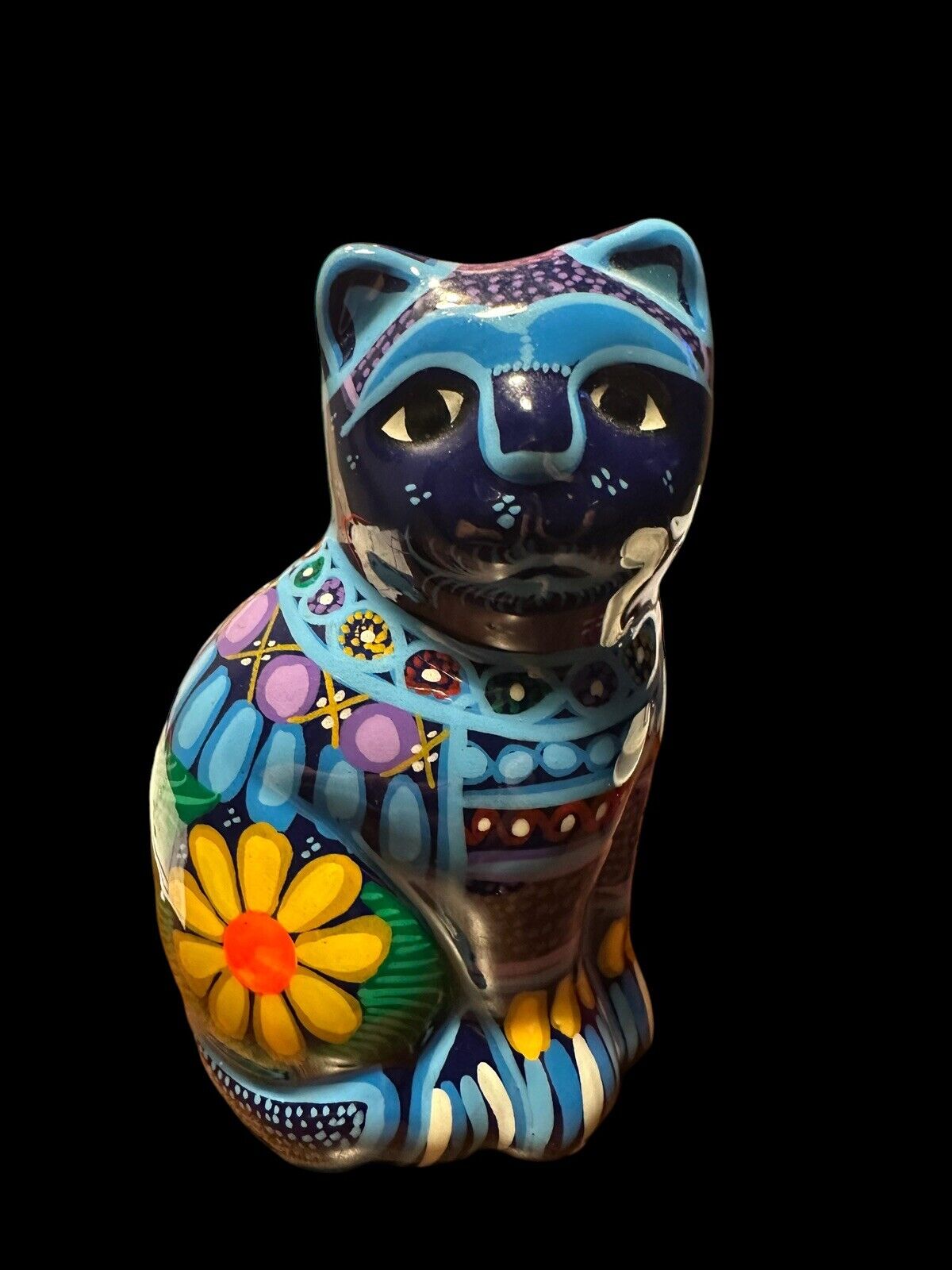 Mexican Folk Art Cat Bright Colored Abigail Floral Approximately 4 Inches Tall
