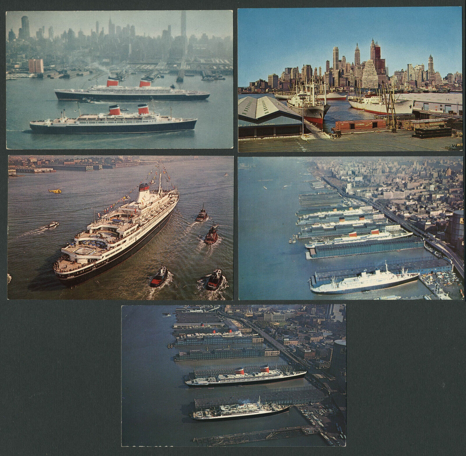 New York City NY: Five 1950s-60s Postcards HUDSON RIVER HARBOR, DOCKS, LINERS